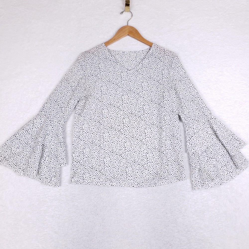 SHEIN Dalmatian Dot V-Neck Blouse Tiered Bell‎ Sleeve White Black Small